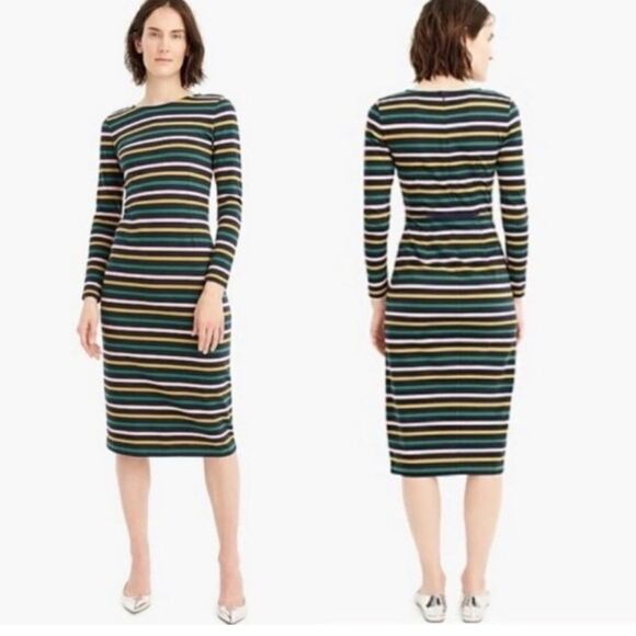 J Crew Striped Long Sleeve Midi Dress Size 4 Green Blue White Style G7980 Sheath - Picture 1 of 4